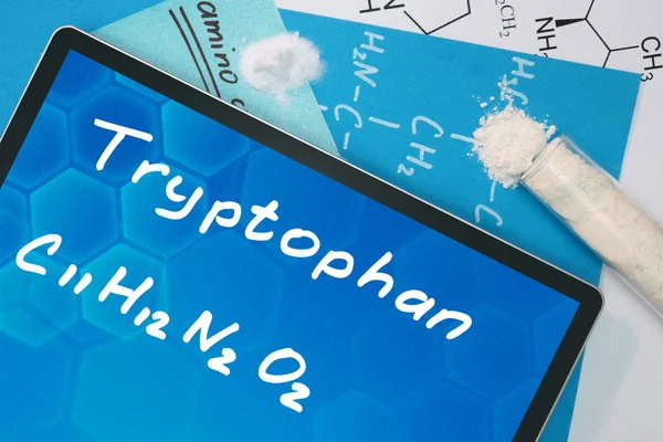 Tablet s chemickým vzorcem tryptofanu. — Stock fotografie