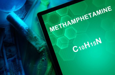 Tablet with the chemical formula of Methamphetamine. clipart