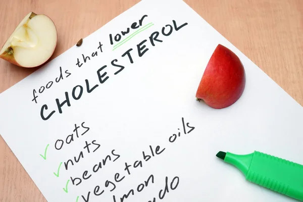 Paper  with foods that lower cholesterol list. — Stock Photo, Image