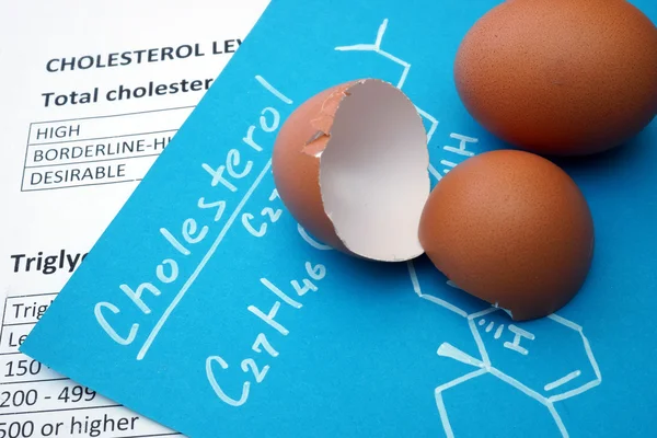 Papers with cholesterol formula and egg. — Stock Photo, Image