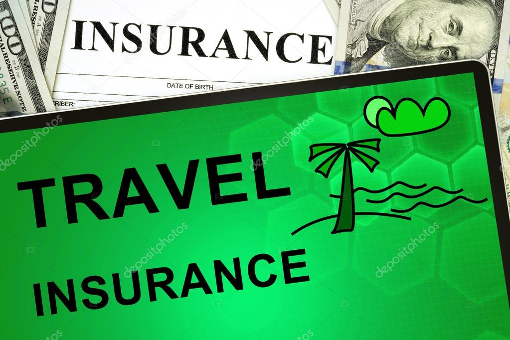 Tablet with Travel insurance online and money.