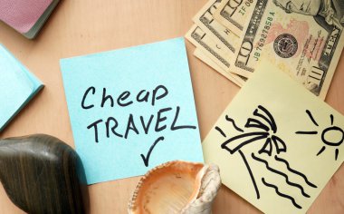 Cheap travel paper on a table with money clipart