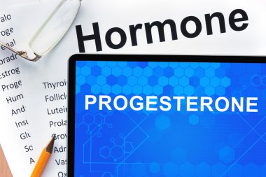 Papers with hormones list and tablet  with words  progesterone. clipart
