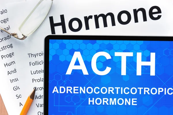 Papéis com lista de hormônios e comprimido com palavras hormônio adrenocorticotrópico (ACTH ). — Fotografia de Stock