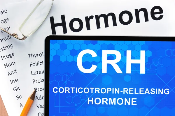 Papiery z listy hormonów i tabletki ze słowami hormon uwalniający Kortykototropiny (CRH) . — Zdjęcie stockowe
