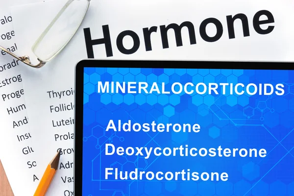Papiere mit Hormonliste und Tablette mit Wörtern Mineralocorticoide . — Stockfoto
