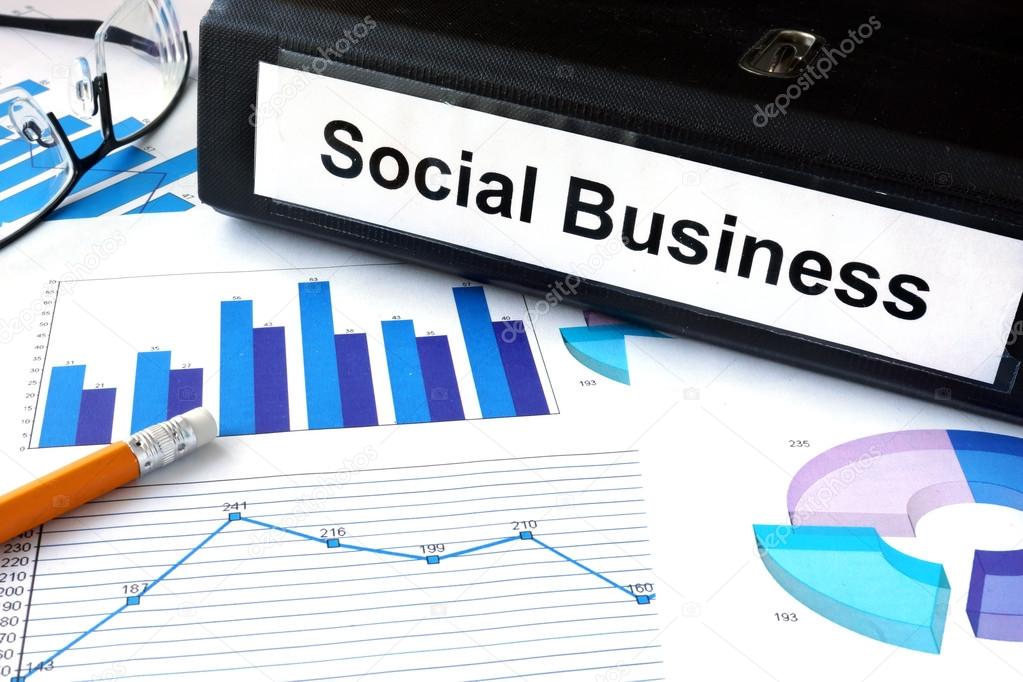 File folder with words Social Business and financial graphs.