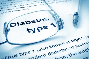 Paper with words diabetes type 1 and glasses. clipart