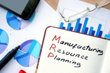 Notepad with words MRP manufacturing resource planning  concept. clipart