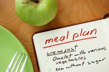 Notepad with words  meal plan with apple. Weight lose concept. clipart