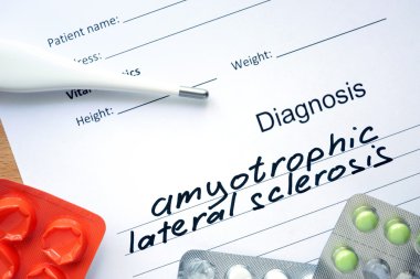 Diagnostic form with diagnosis Amyotrophic lateral sclerosis (ALS) and pills. clipart