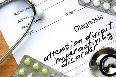 Diagnostic form with diagnosis  Attention deficit hyperactivity disorder and pills. clipart