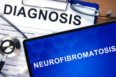 Diagnostic form with diagnosis Neurofibromatosis and pills. clipart