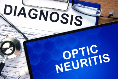 Diagnostic form with diagnosis Optic neuritis and pills. clipart