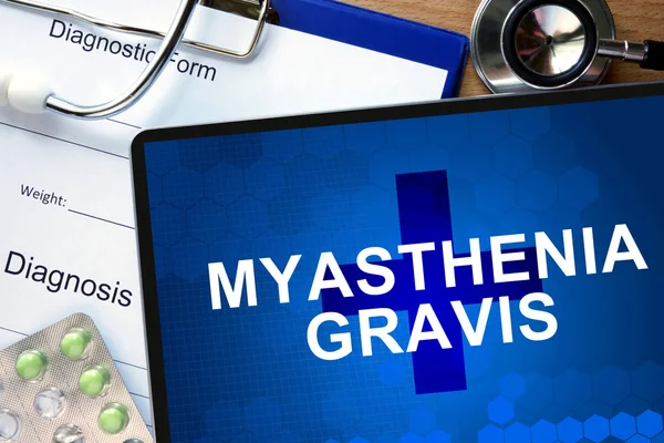 Diagnostic form with diagnosis Myasthenia gravis and pills. — Stock Photo, Image