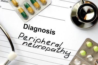 Diagnosis  Peripheral neuropathy, pills and stethoscope. clipart