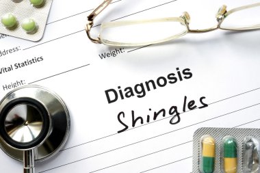 Diagnosis  Shingles, pills and stethoscope. clipart