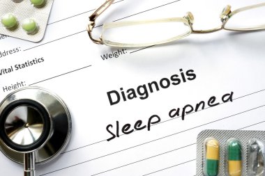 Diagnosis  Sleep apnea, pills and stethoscope. clipart