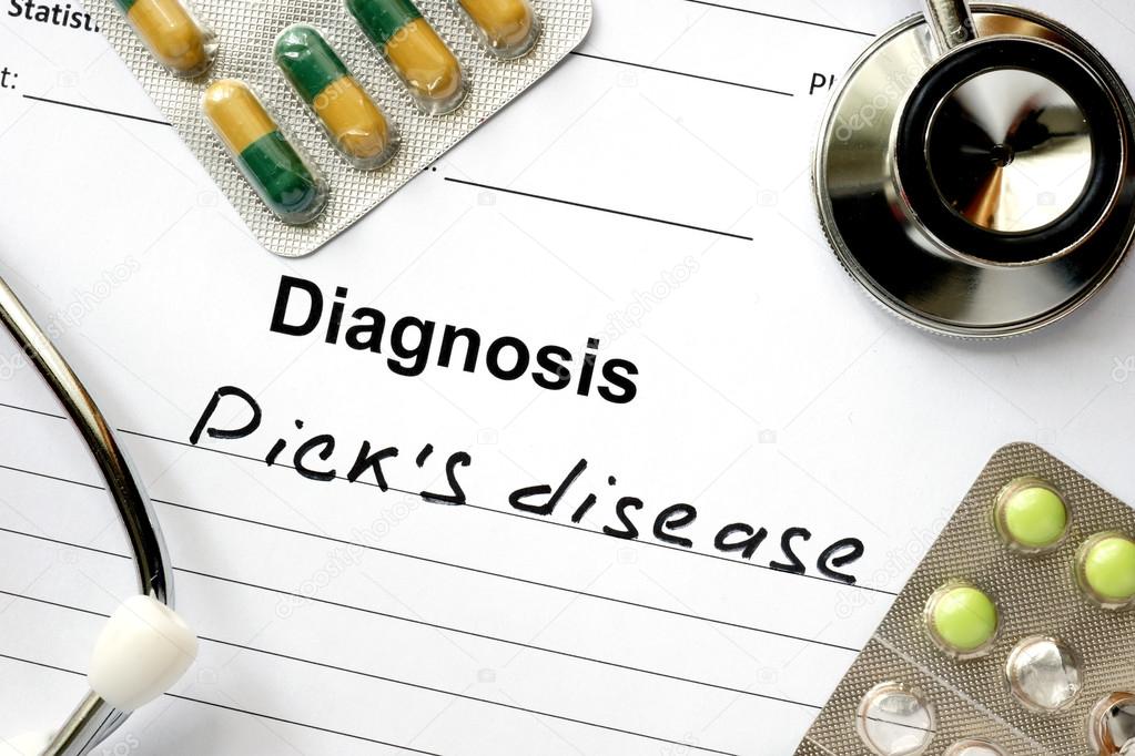 Diagnosis  Picks disease, pills and stethoscope.