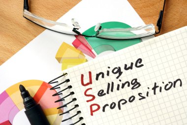 Kelimeler benzersiz Satış Proposition Usp not defteri ve grafikler.