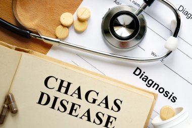 Word Chagas hastalığı bir kitap ve hapları.