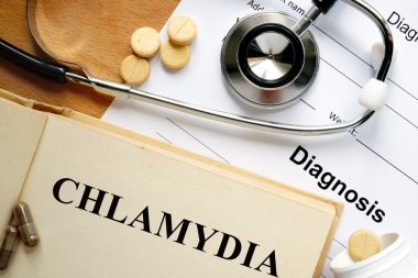 Word Chlamydia  on a book and pills. clipart