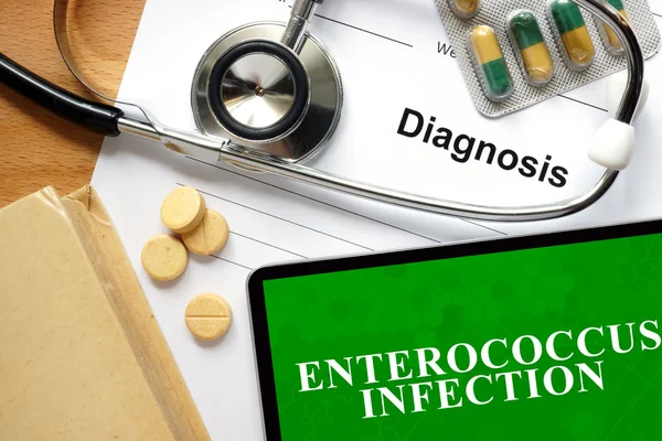 Word  Enterococcus infection on a book and pills. — Stock Photo, Image