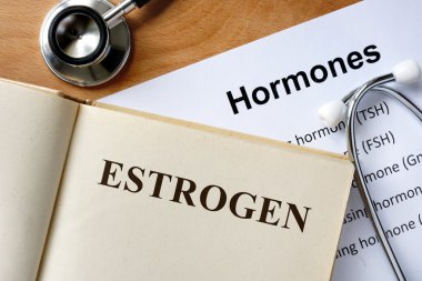 estrogen  word written on the book and hormones list. clipart