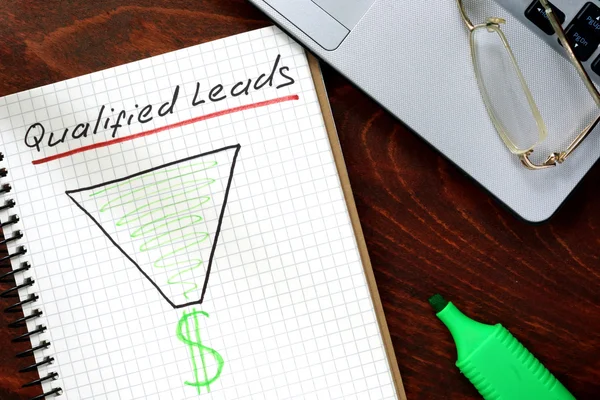 Conceito de Leads qualificado em um papel com notebook . — Fotografia de Stock