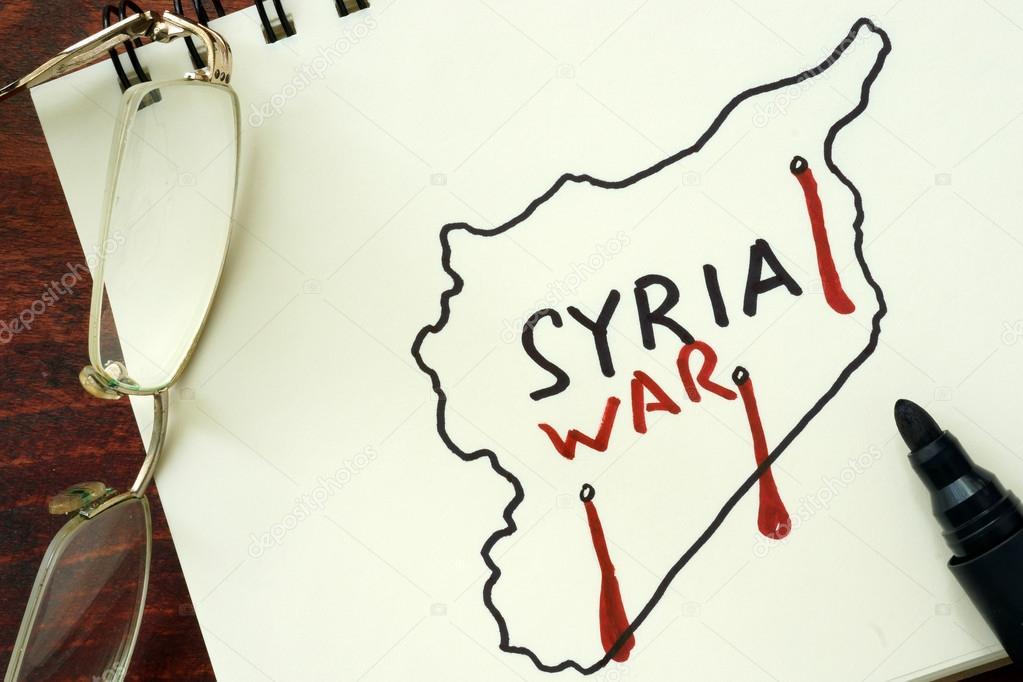Hand-drawn Syrian map with words Syria and war.