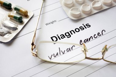 Diagnosis vulvar cancer written in the diagnostic form and pills. clipart