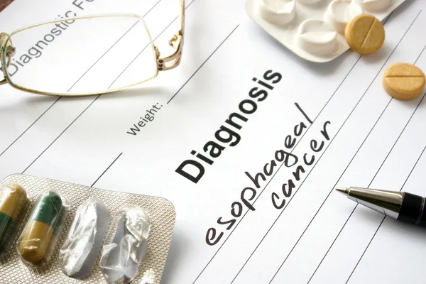 Diagnosis esophageal cancer written in the diagnostic form and pills. — Stock Photo, Image