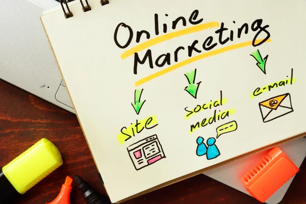 Blocco note con marketing online sul tavolo di legno . — Foto Stock