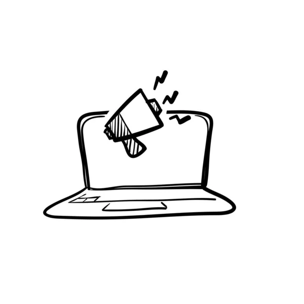 Handgezeichneter Doodle Laptop Und Megafon Symbol Für Digitalen Marketing Icon — Stockvektor