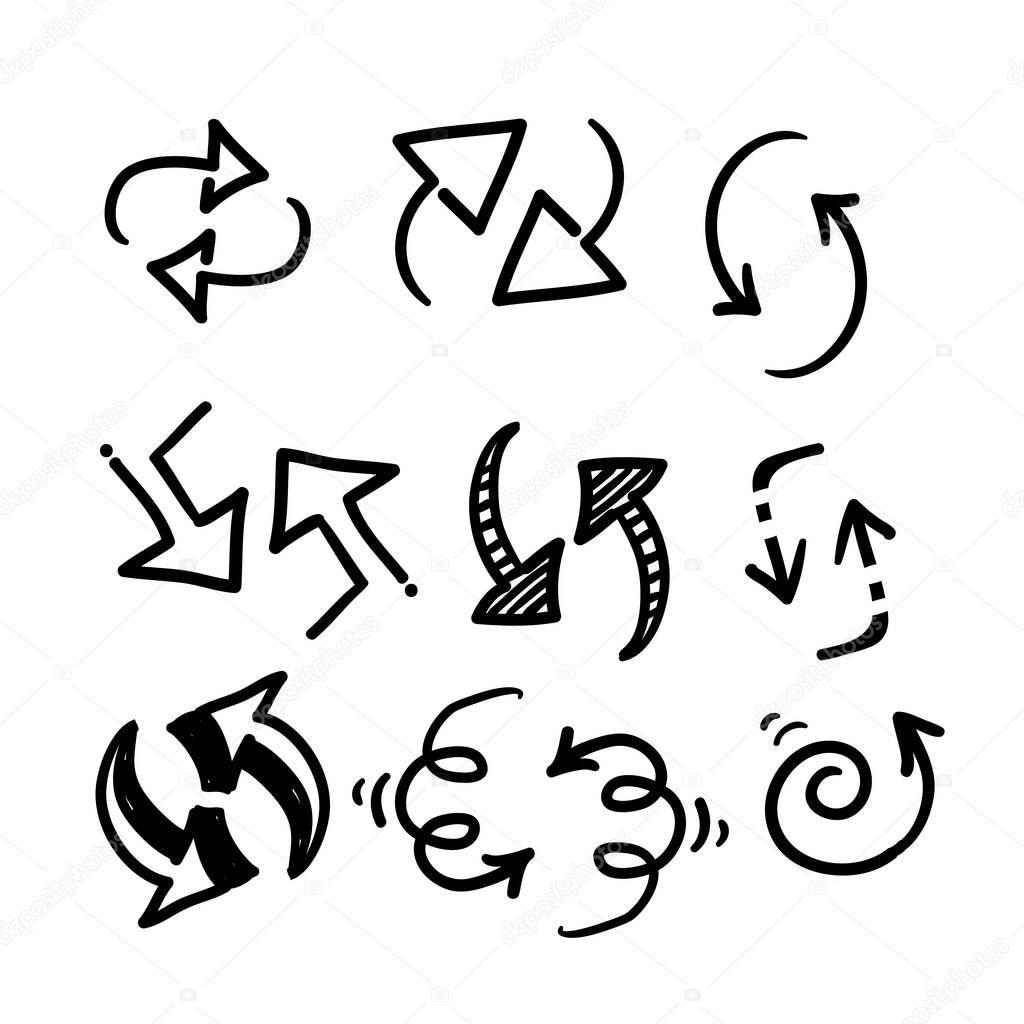 Hand drawn double reverse arrow symbol for replace icon, exchange linear sign on white background isolated