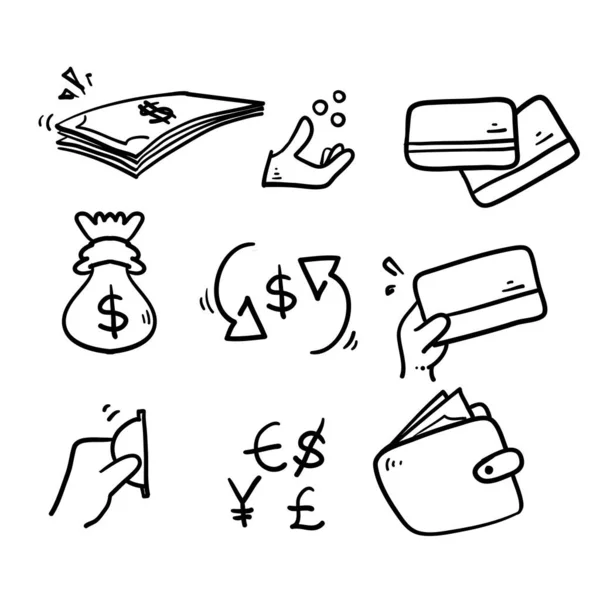 Mão Desenhado Doodle Simples Conjunto Dinheiro Relacionado Ícones Linha Vetorial — Vetor de Stock