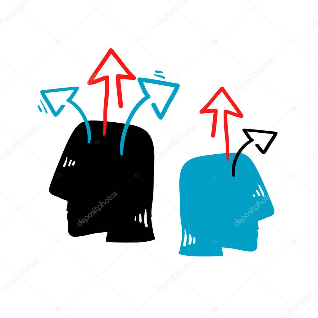 hand drawn Human head and arrow up symbol for next level improvement, training and mentoring, pursuit of happiness, self esteem and confidence in doodle style