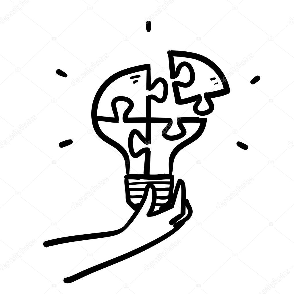 hand drawn light bulb with jigsaw puzzle concept illustration vector isolated in doodle style