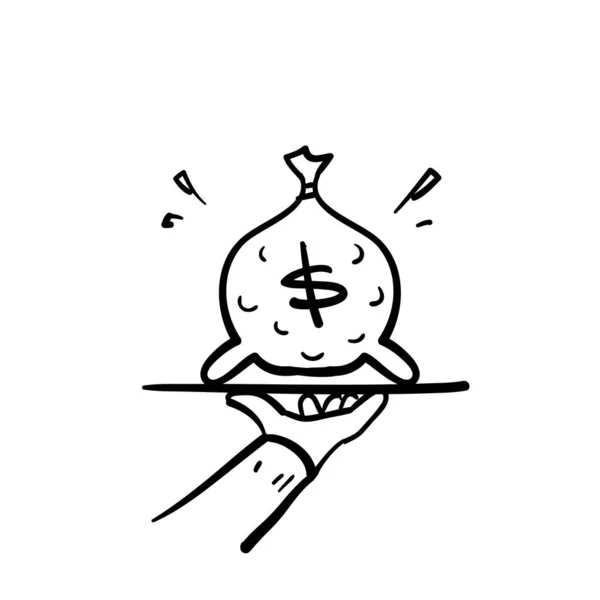 Doodle Desenhado Mão Servindo Saco Dinheiro Ícone Placa Símbolo Ilustração — Vetor de Stock