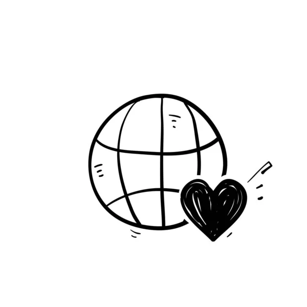 Hand Getekend Doodle Aarde Globe Liefde Pictogram Illustratie Vector Geïsoleerd — Stockvector