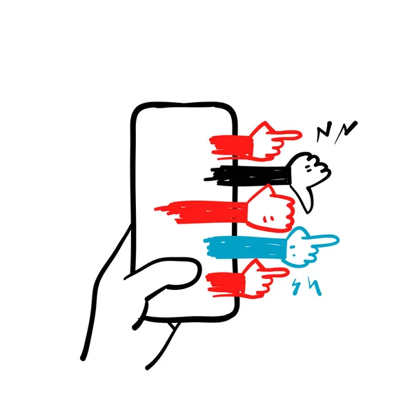Handgetekende Doodle Mobiele Telefoon Hand Gebaar Symbool Voor Cyber Pesten — Stockvector