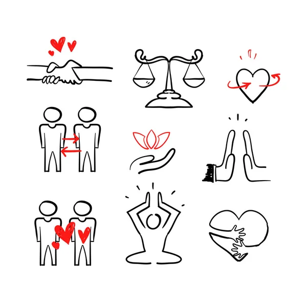 Icônes Doodle Dessinées Main Liées Harmonie Des Relations Interaction Isolée — Image vectorielle