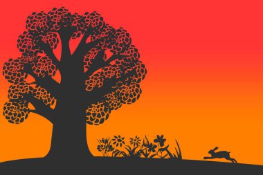 Siluet ağacı ve çimenler düz arkaplanda güzel bir illüstrasyon