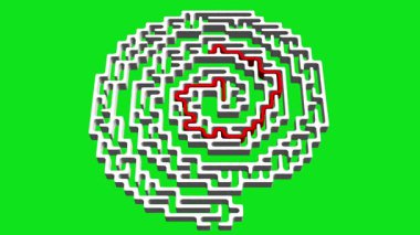 Yeşil ekran arka planında çözüm yolu olan spiral şekilli 3d labirent
