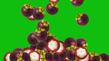 Düşen taze Mangosteen meyve hareketi grafikleri ve yeşil ekran arka planı