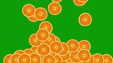 Düşen Turuncu meyve yeşil ekran arka planına sahip hareket grafiklerini dilimler