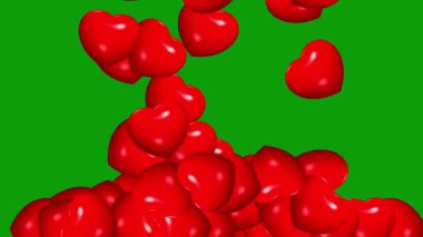 Düşen 3d kırmızı kalp hareketi grafikleri ve yeşil ekran arkaplanı