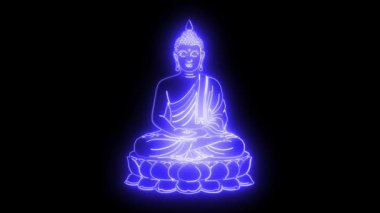 Tanrı Buda sembolü. Sade siyah arkaplanda parlak mavi neon ışık yolu efekti.