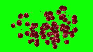 Yeşil ekran arkaplanlı taze kiraz meyvesi çeşmesi akış grafikleri