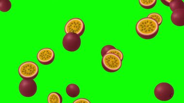 Düşen taze tutku meyve hareketi grafikleri ve yeşil ekran arka planı